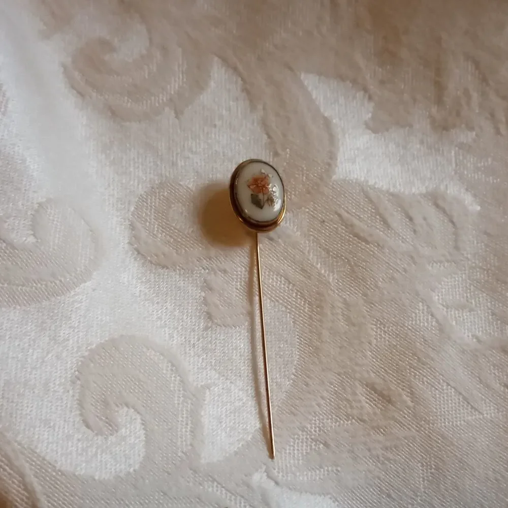 Lenox 14K Gold Filled Enamel peach Floral wildflower Hand Painted Stick Pin 2.5
